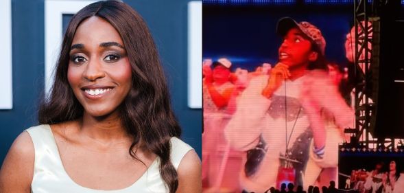 On the left, Ayo Edebiri in a white dress smiling at the The Bear season four premiere. On the right, Ayo Edebiri on screen at a Sabrina Carpenter show performing.