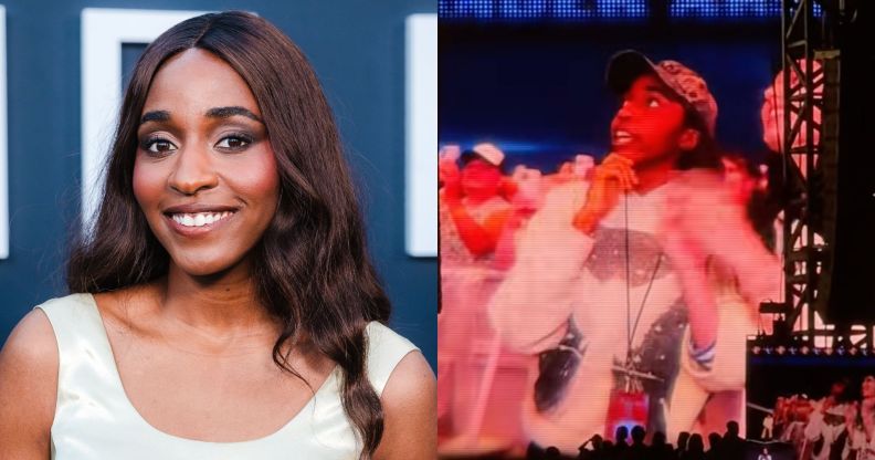 On the left, Ayo Edebiri in a white dress smiling at the The Bear season four premiere. On the right, Ayo Edebiri on screen at a Sabrina Carpenter show performing.