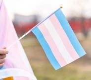 A person holding a trans flag.