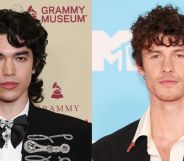 Conan Gray and Shawn Mendes pose in black jackets and white shirts at separate red carpet events.