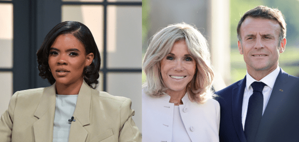 Split photo of Candace Owens and Emmanuel and Brigitte Macron