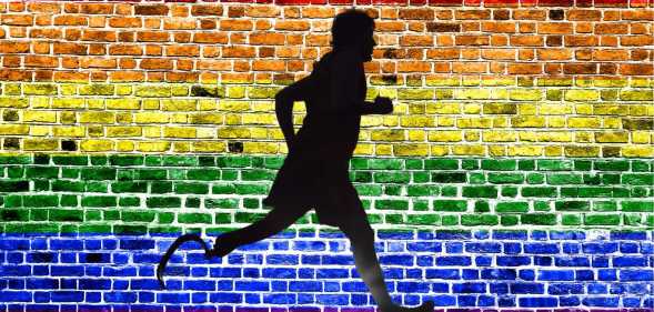 Jogger with a right below knee prosthetic running leg.