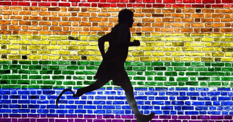 Jogger with a right below knee prosthetic running leg.