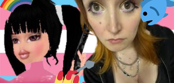 A fish-eye portrait of a person and a video game render edited on top of a trans flag covered in emojis.