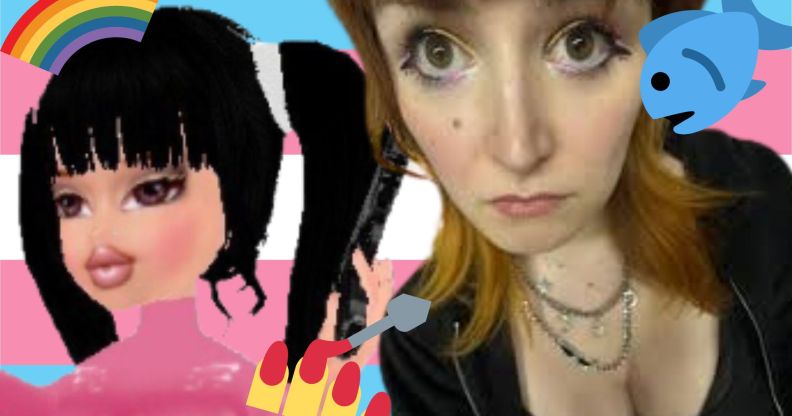 A fish-eye portrait of a person and a video game render edited on top of a trans flag covered in emojis.