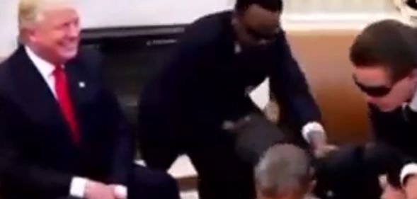 A fake AI-generated clip of Barack Obama being arrested in the Oval Office as Donald Trump laughs.