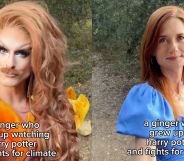 Screenshots from a TikTok video. On the left, drag queen Pattie Gonia wears an orange dress and holds out her hand for it to be shook. On the right, actress Bonnie Wright appears in a blue dress, holding out her hand for it to be shook.