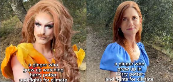 Screenshots from a TikTok video. On the left, drag queen Pattie Gonia wears an orange dress and holds out her hand for it to be shook. On the right, actress Bonnie Wright appears in a blue dress, holding out her hand for it to be shook.