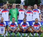 England players line up for a team group photograph during the UEFA Womens EURO 2025 Group D match between France and England at Stadion Letzigrund
