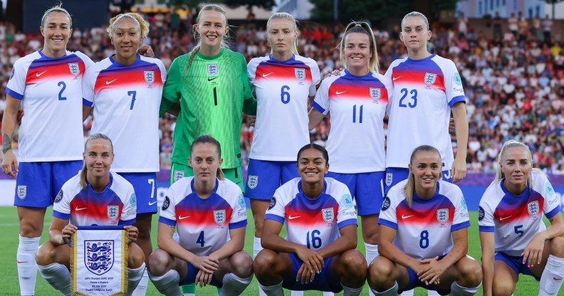 England players line up for a team group photograph during the UEFA Womens EURO 2025 Group D match between France and England at Stadion Letzigrund
