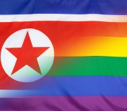 LGBT memberships concept with fabric rainbow flag merged with real textile flag of North Korea