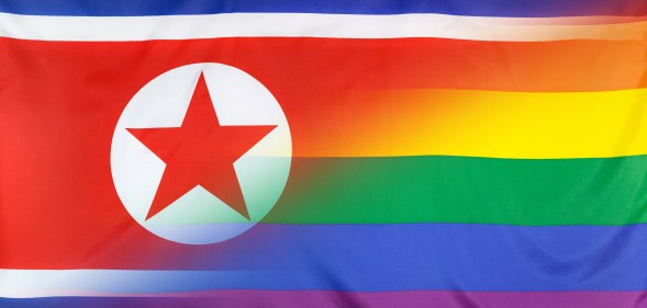 LGBT memberships concept with fabric rainbow flag merged with real textile flag of North Korea