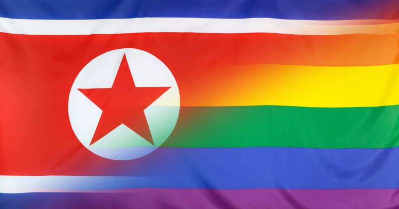 LGBT memberships concept with fabric rainbow flag merged with real textile flag of North Korea