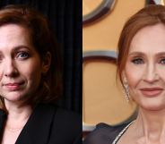 On the left, Katherine Parkinson in a black suit, posing, against a black background. On the right, JK Rowling poses at the Fantastic Beasts premiere in a sheer outfit.