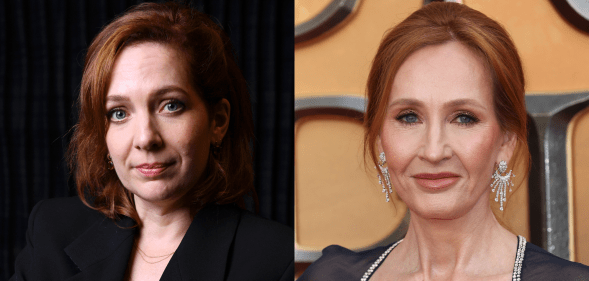 On the left, Katherine Parkinson in a black suit, posing, against a black background. On the right, JK Rowling poses at the Fantastic Beasts premiere in a sheer outfit.