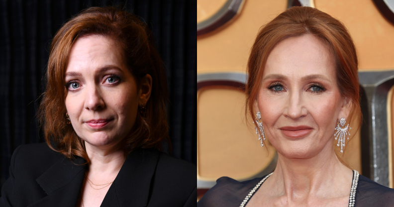 On the left, Katherine Parkinson in a black suit, posing, against a black background. On the right, JK Rowling poses at the Fantastic Beasts premiere in a sheer outfit.
