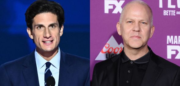 On the left, JFK's grandson Jack Schlossberg in a suit and tie speaking at an event. On the right, Ryan Murphy in a black suit in 2017 at a red carpet event.