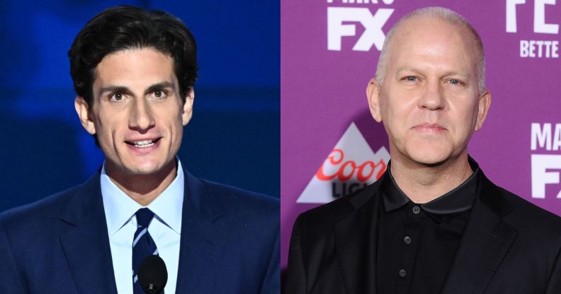 On the left, JFK's grandson Jack Schlossberg in a suit and tie speaking at an event. On the right, Ryan Murphy in a black suit in 2017 at a red carpet event.