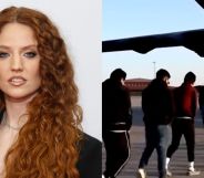 On the left, Jess Glynne poses in 2023. On the right, a still from a video posted by The White House featuring a queue of migrants queuing up to go into a plane.
