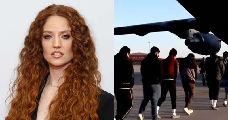 On the left, Jess Glynne poses in 2023. On the right, a still from a video posted by The White House featuring a queue of migrants queuing up to go into a plane.