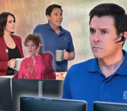 Collage of Bryan Safi as Josh Russo in 9-1-1, shown by himself, with Maddie and with Sue. The background is rainbow colours.