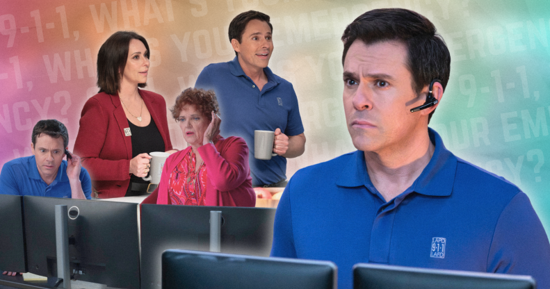 Collage of Bryan Safi as Josh Russo in 9-1-1, shown by himself, with Maddie and with Sue. The background is rainbow colours.