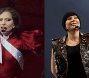 On the left, Lady Gaga in a red gown and a sash in blue, pink and white, the colours of the trans Pride flag. On the right, Gaga smiles, wearing a black and red jacket and black cap while performing at the Mayhem Ball in LA.
