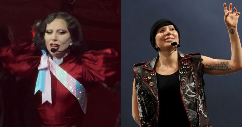 On the left, Lady Gaga in a red gown and a sash in blue, pink and white, the colours of the trans Pride flag. On the right, Gaga smiles, wearing a black and red jacket and black cap while performing at the Mayhem Ball in LA.
