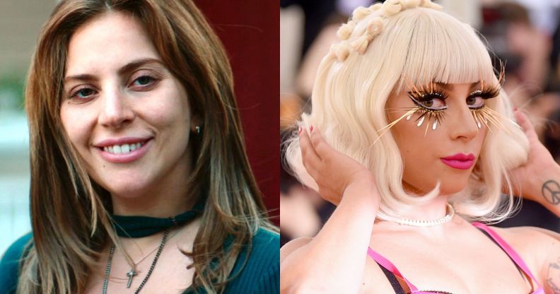 On the left, Lady Gaga in role as Ally in A Star Is Born. On the right, Lady Gaga with exaggerated make-up at the 2019 Met Gala.