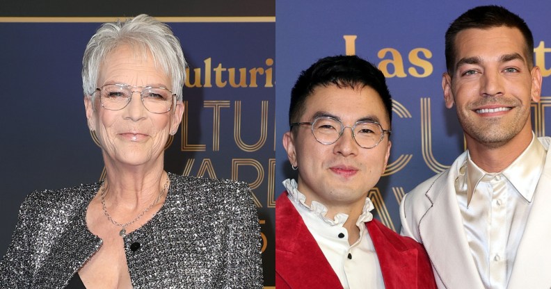 Jamie Lee Curtis, Bowen Yang and Matt Rogers attend Las Culturistas Culture Awards. Curtis wearing a textured grey jacket over a v-cut top, Yang in a red velvet suit with a ruffled white collar shirt and Rogers in an all-white