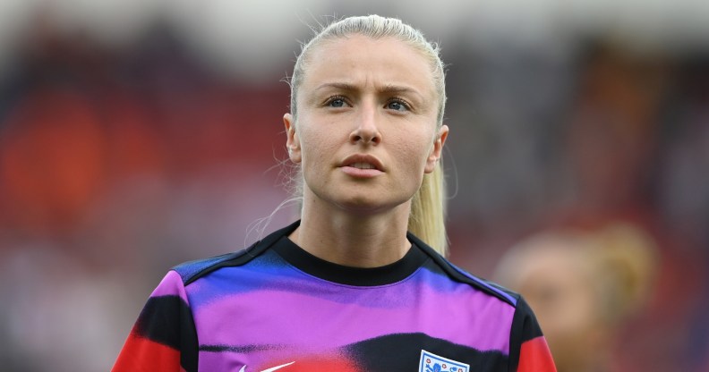 Leah Williamson of England looks on as she warms up prior to the UEFA Women's EURO 2025 Group D match