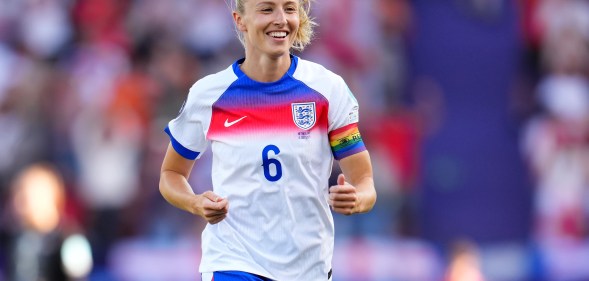 Leah Williamson of England celebrates after teammate Georgia Stanway (not pictured) scores her team's second goal during the UEFA Women's EURO 2025 Group D match between England and Netherlands