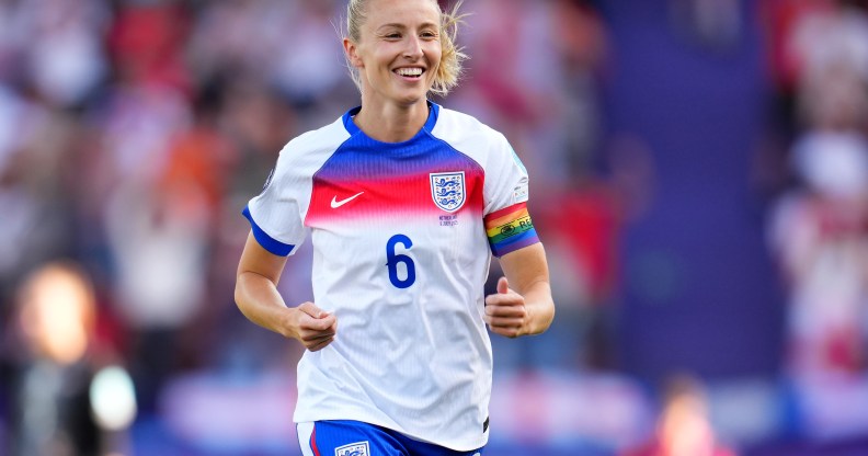 Leah Williamson of England celebrates after teammate Georgia Stanway (not pictured) scores her team's second goal during the UEFA Women's EURO 2025 Group D match between England and Netherlands