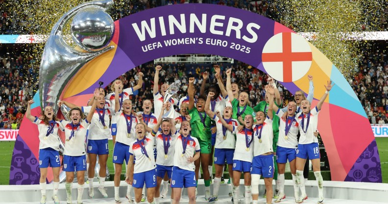 Leah Williamson and Keira Walsh of England lift the UEFA Women's EURO trophy after their team's victory in during the UEFA Women's EURO 2025 Final match between England and Spain