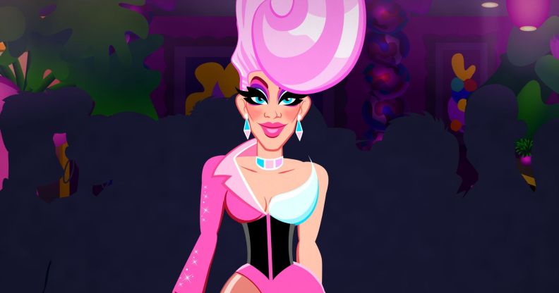 An animated drag queen in a pink outfit and black corset with vivd pink makeup and a towering pink wig.
