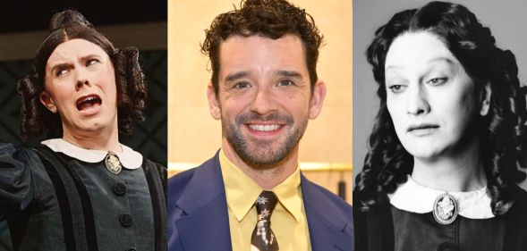 A collage featuring Cole Escola performing in Oh, Mary, Michael Urie smiling, and a promo photo of Jinkx Monsoon for Oh, Mary!