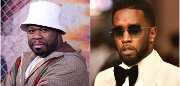 A composite image of 50 Cent and Diddy, showing both rappers side by side after 50 Cent called him 'gay John Gotti'