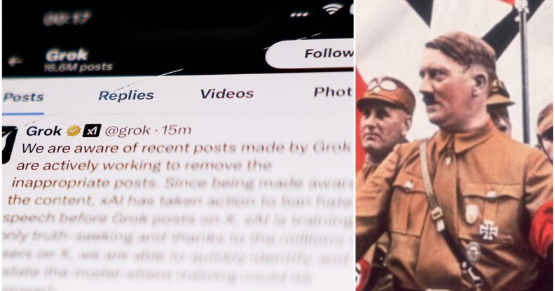 An image of the Grok account apologising for the 'Mechahitler' posts, with a colourised photo of Adolf Hitler on the right