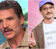 Pedro Pascal (L) being interviewed and (R) wearing a 'Protect The Dolls' t-shirt