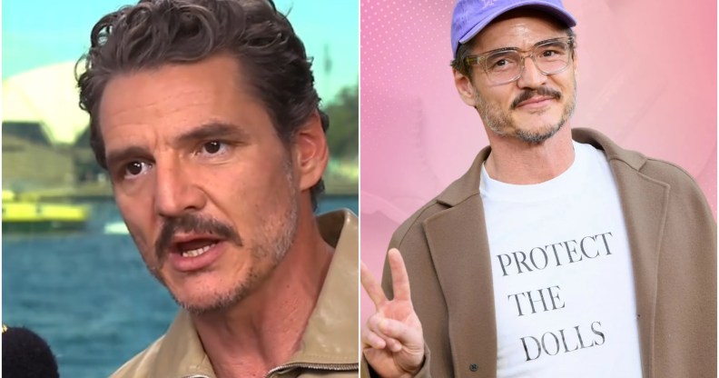 Pedro Pascal (L) being interviewed and (R) wearing a 'Protect The Dolls' t-shirt