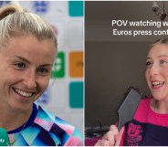 A composite image with England Team Captain Leah Williamson on the left and a TikToker on the right pretending to hold a microphone