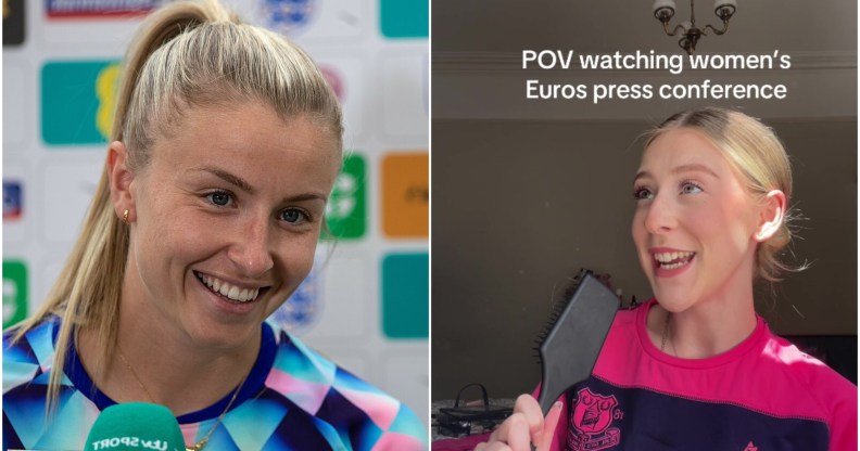 A composite image with England Team Captain Leah Williamson on the left and a TikToker on the right pretending to hold a microphone