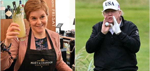 Split image with Nicola Sturgeon on the left holding up a drink and smiling, and donald trump on his golf course in scotland on the right