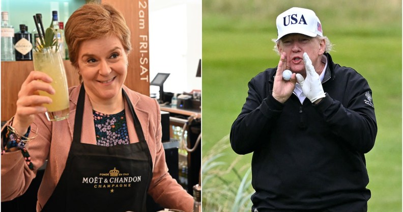 Split image with Nicola Sturgeon on the left holding up a drink and smiling, and donald trump on his golf course in scotland on the right