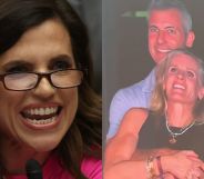 A split image of Nancy Mace and the Astronemer CEO and HR chief embracing.