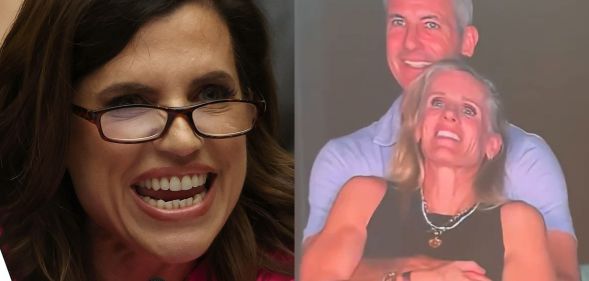 A split image of Nancy Mace and the Astronemer CEO and HR chief embracing.