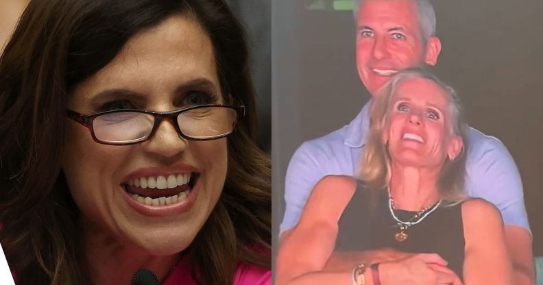 A split image of Nancy Mace and the Astronemer CEO and HR chief embracing.