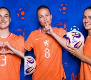 Caitlin Dijkstra, Sherida Spitse and Danielle van de Donk are LGBTQ+ stars of the Netherlands squad. All wearing the orange football kit