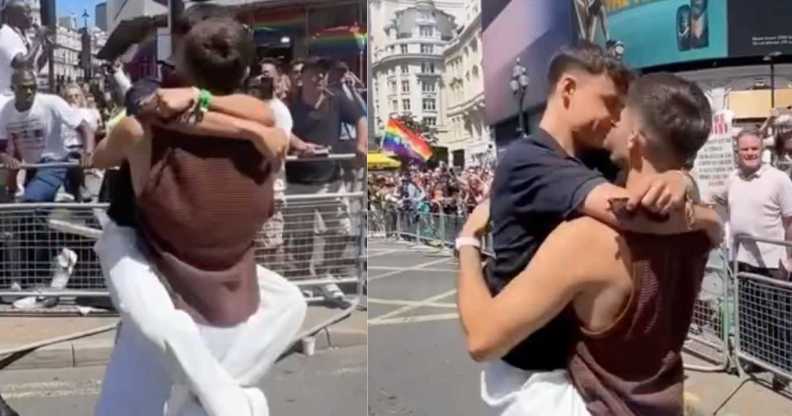Influencers Nick and Anthony shared a passionate kiss in front of anti-LGBTQ+ protestors at Pride in London