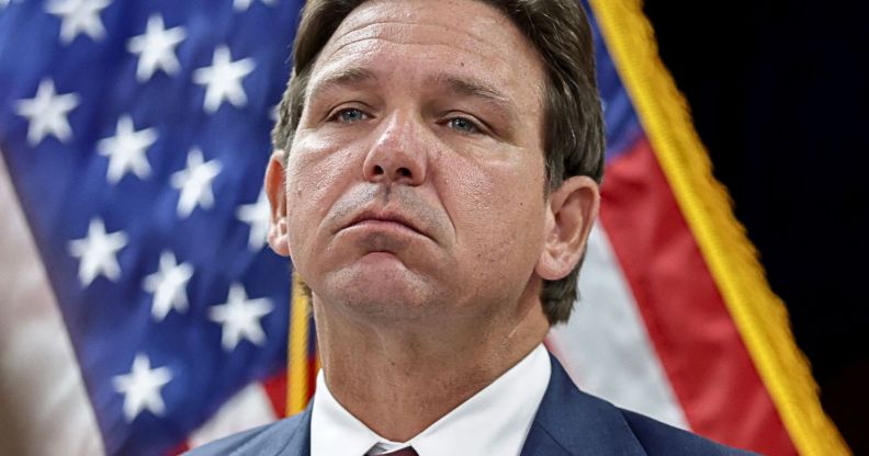 Ron DeSantis with his chin raised.